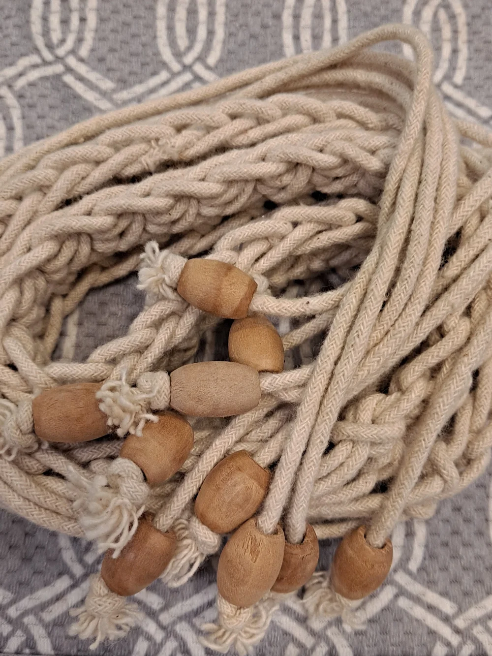 Artisan Handwoven Tan Macramé Waist Belt with Tassels & Wood Beads Bohemian Boho
